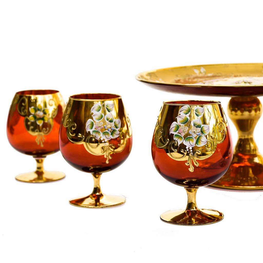 Service 6 glasses and murano dish red ruby gold vintage gold ⋆ Brocante Chic