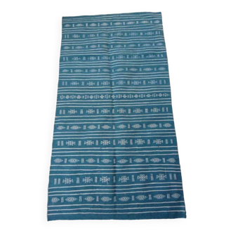Hand-woven blue and white kilim rug in natural wool