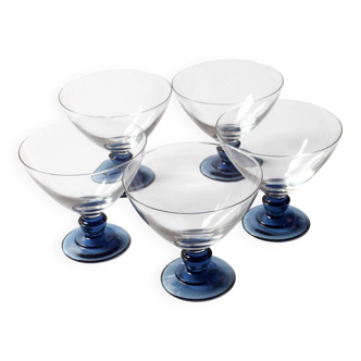 Set of 5 Mid-Century Blue Crystal Stem Coupes / Luigi Bormioli / Parma 1980