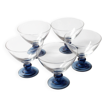 Set of 5 Mid-Century Blue Crystal Stem Coupes / Luigi Bormioli / Parma 1980