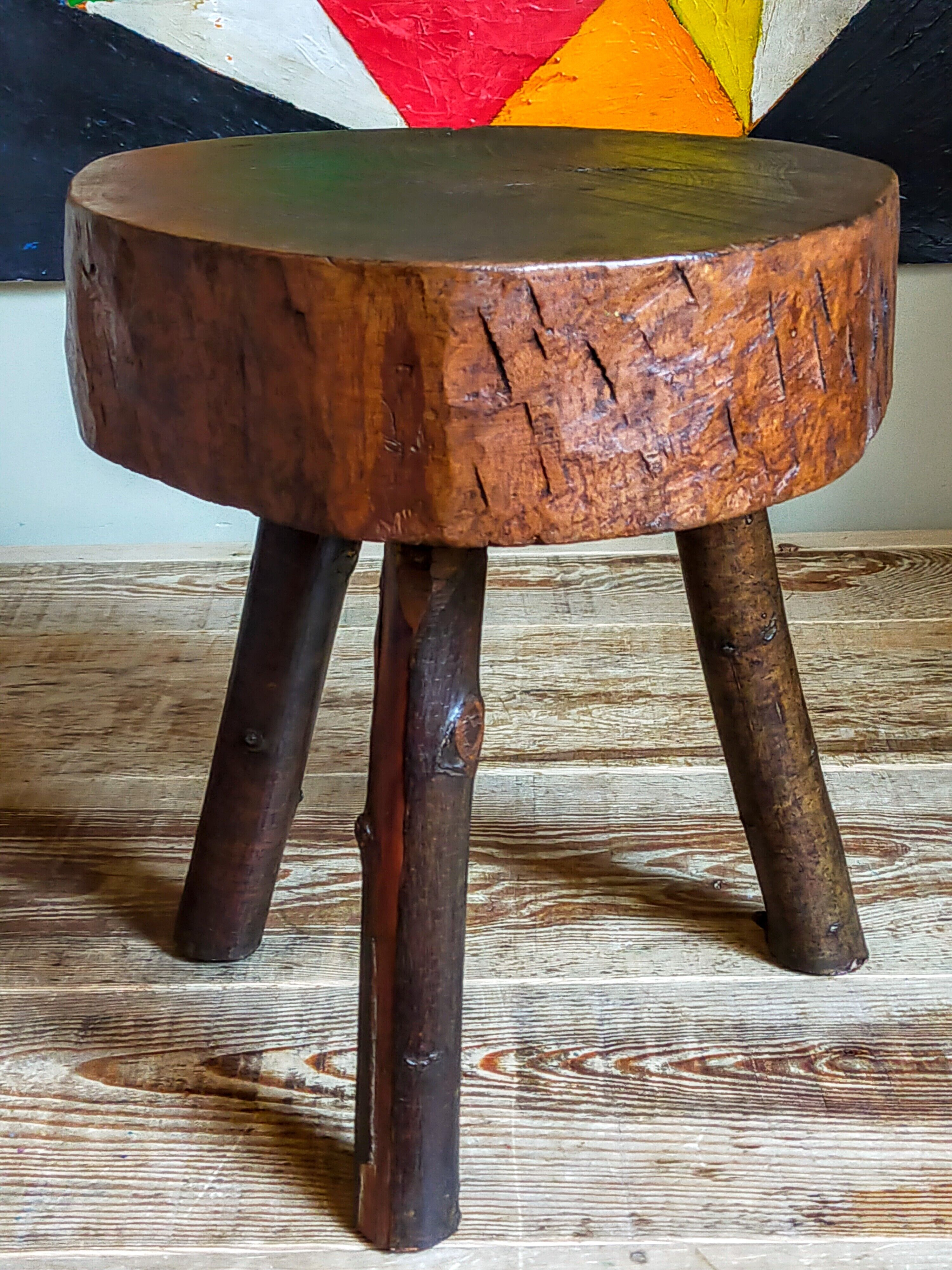 Brutalist tripod stool vintage folk art