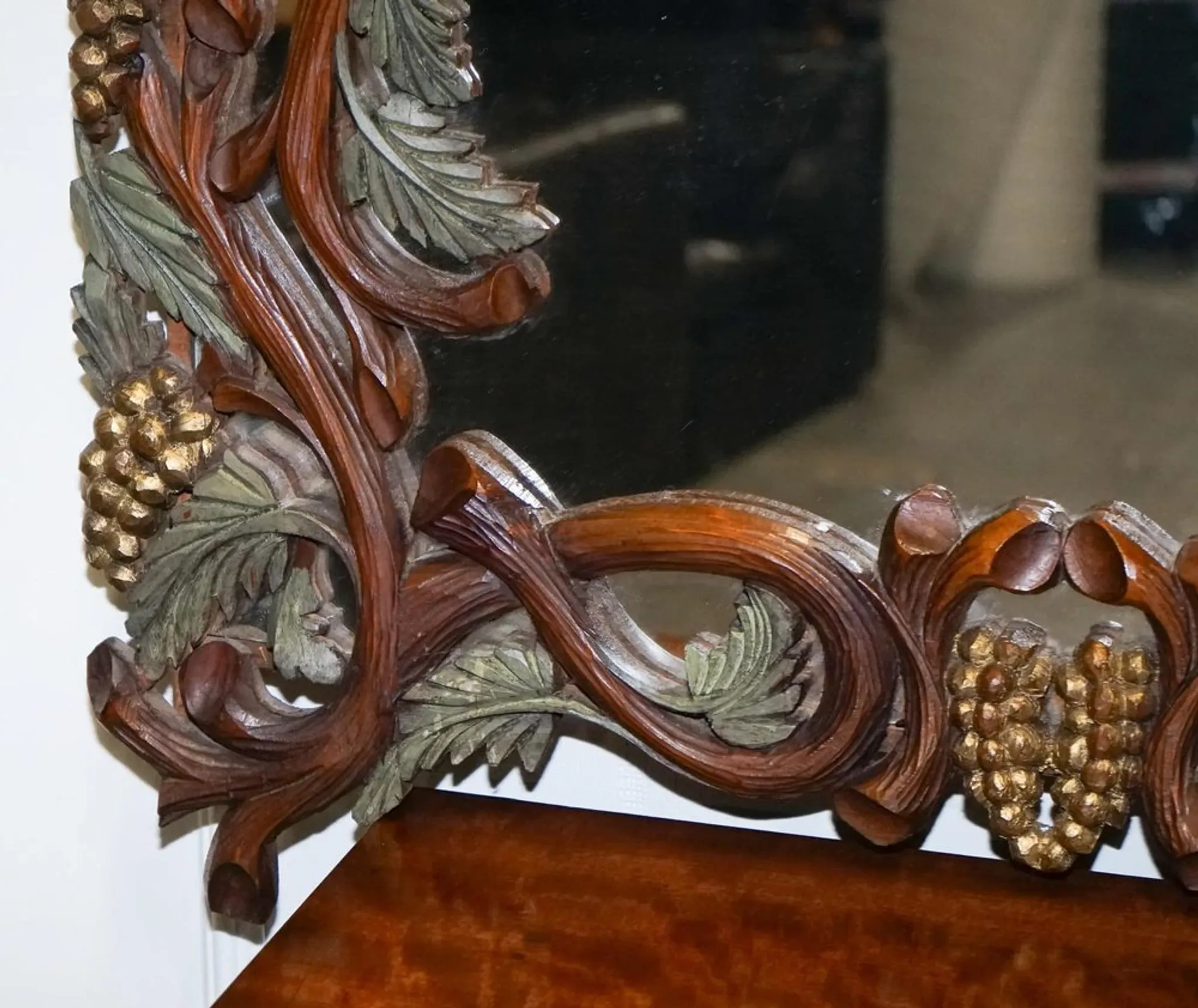 Vintage Black Heavily Carved Wooden Forest Wall Mirror