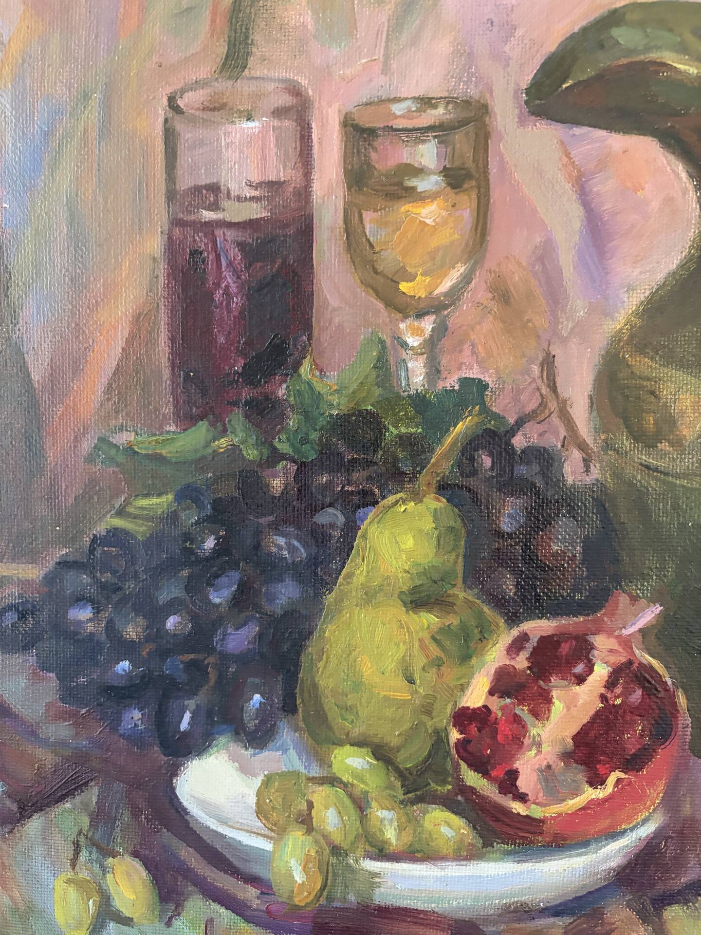 Russian still life with fruits and jug, oil on canvas signed 1986