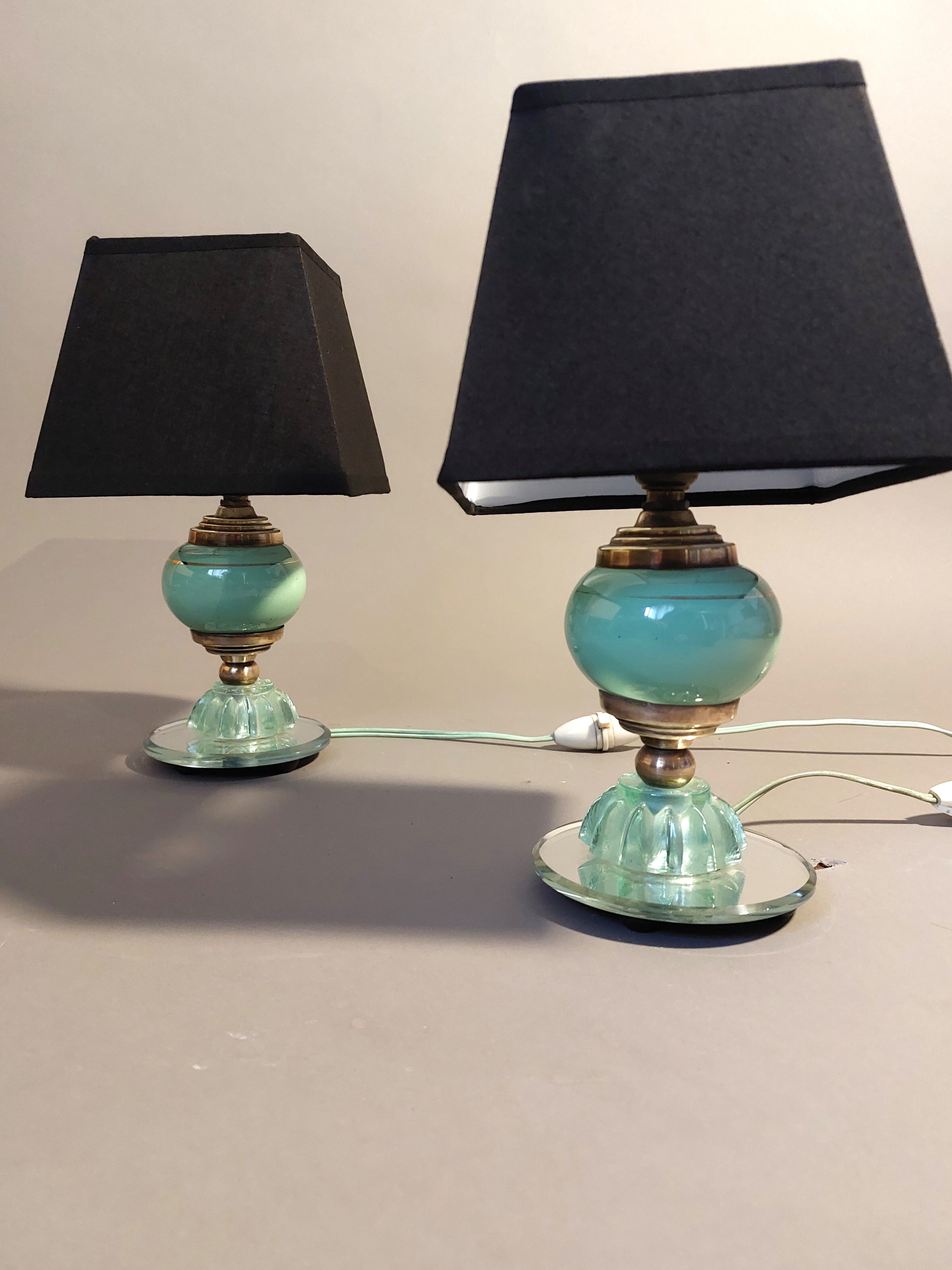 Pair of green opaline bedside lamps, venice glass and gilded brass Italy 1940.