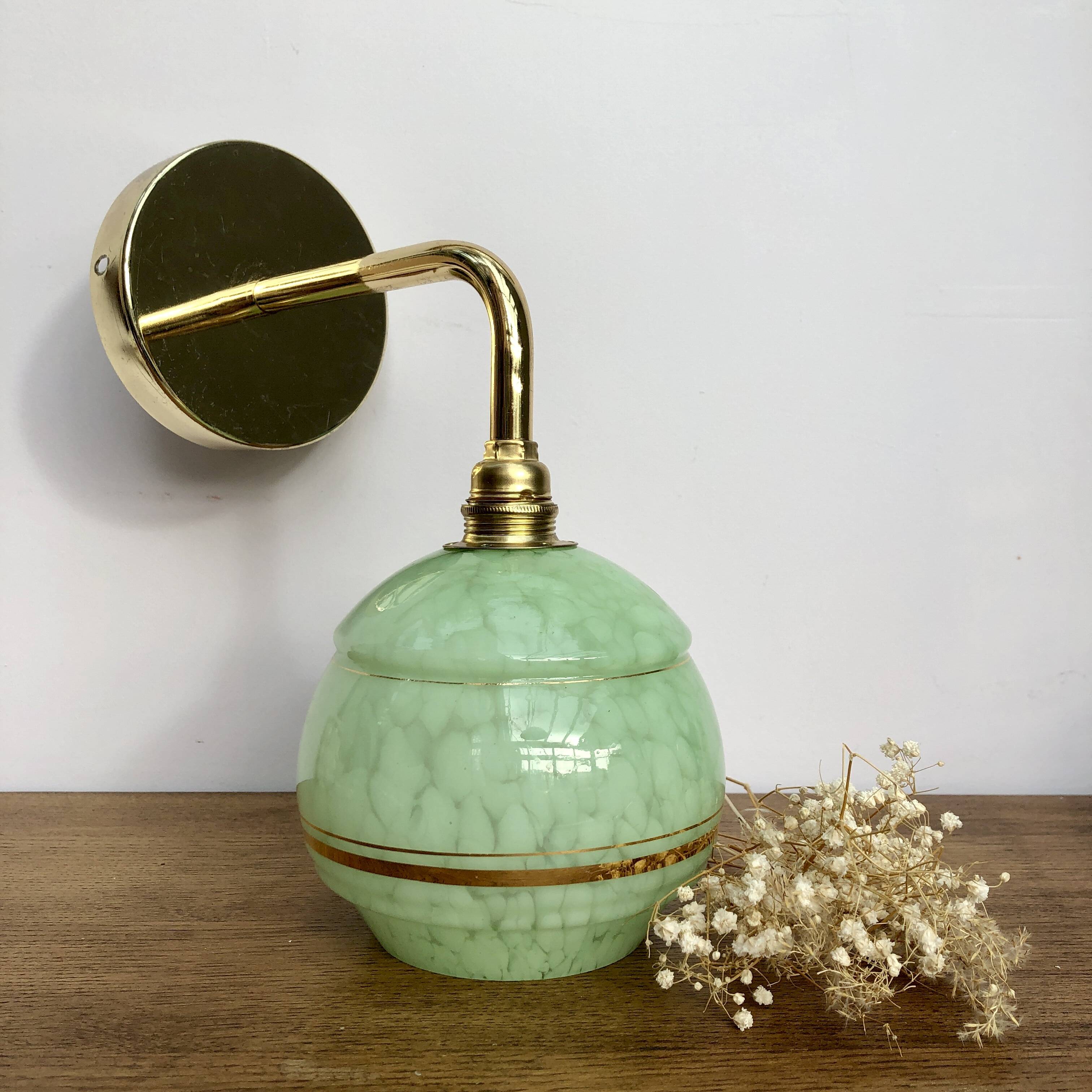 Vintage tulip wall lamp in mint green and gold Clichy glass