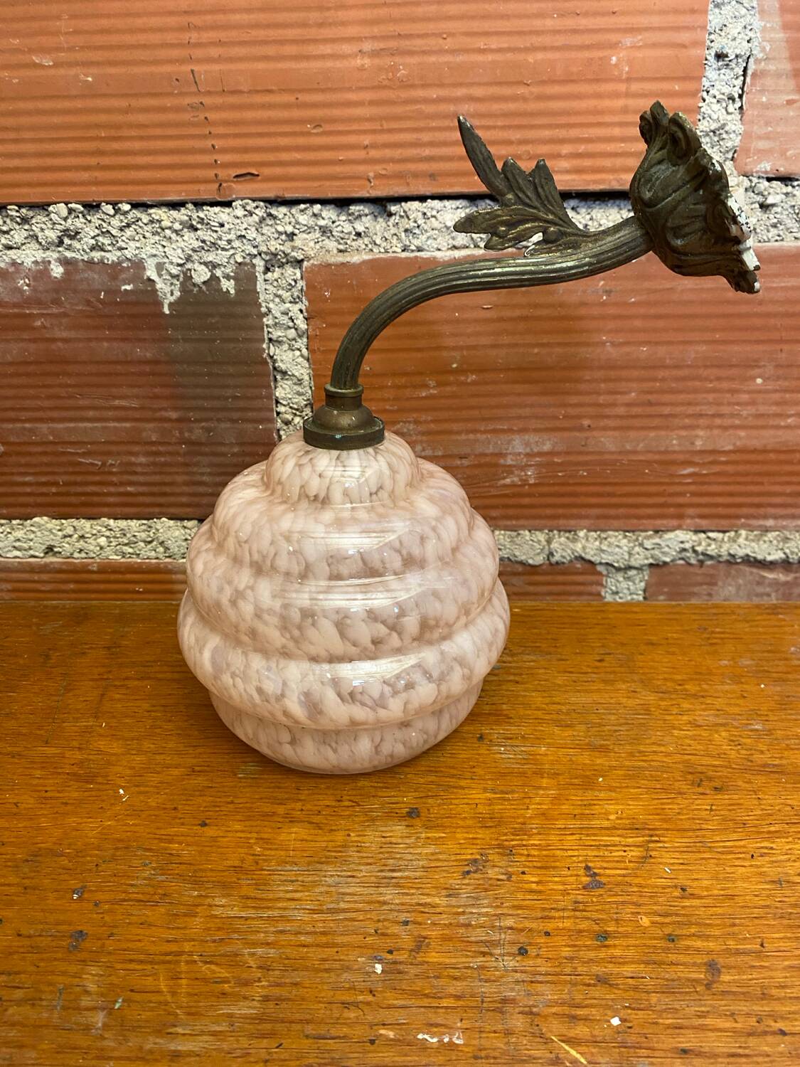 Antique Art Nouveau Gilt Bronze Wall Lamp + Vintage Pink Glass Ball