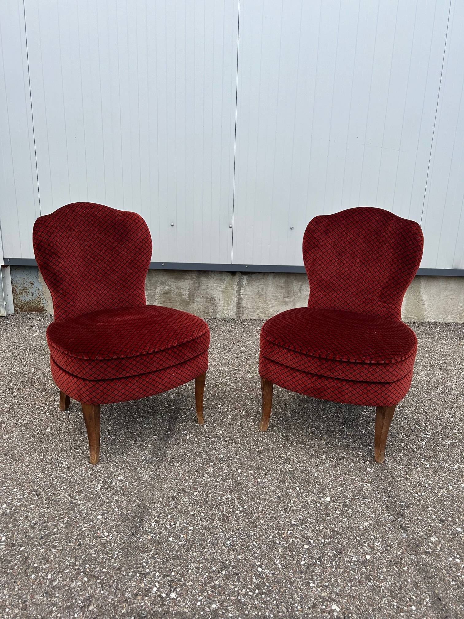 pair of red velvet toad armchairs