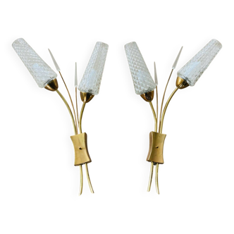Pair of 1960s brass wall lights with glass tulips