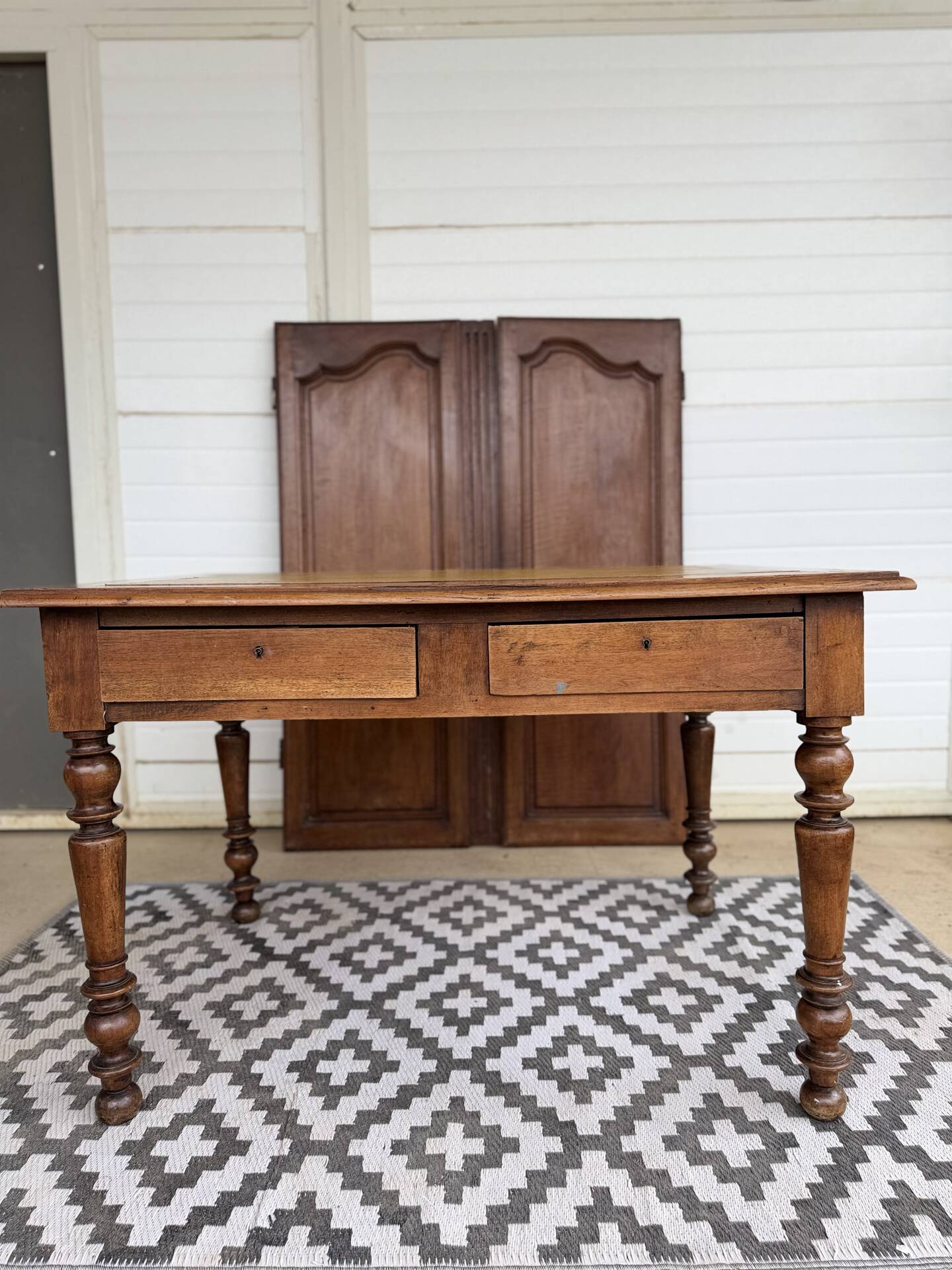 Antique Louis Philippe style desk - mustard yellow leather top