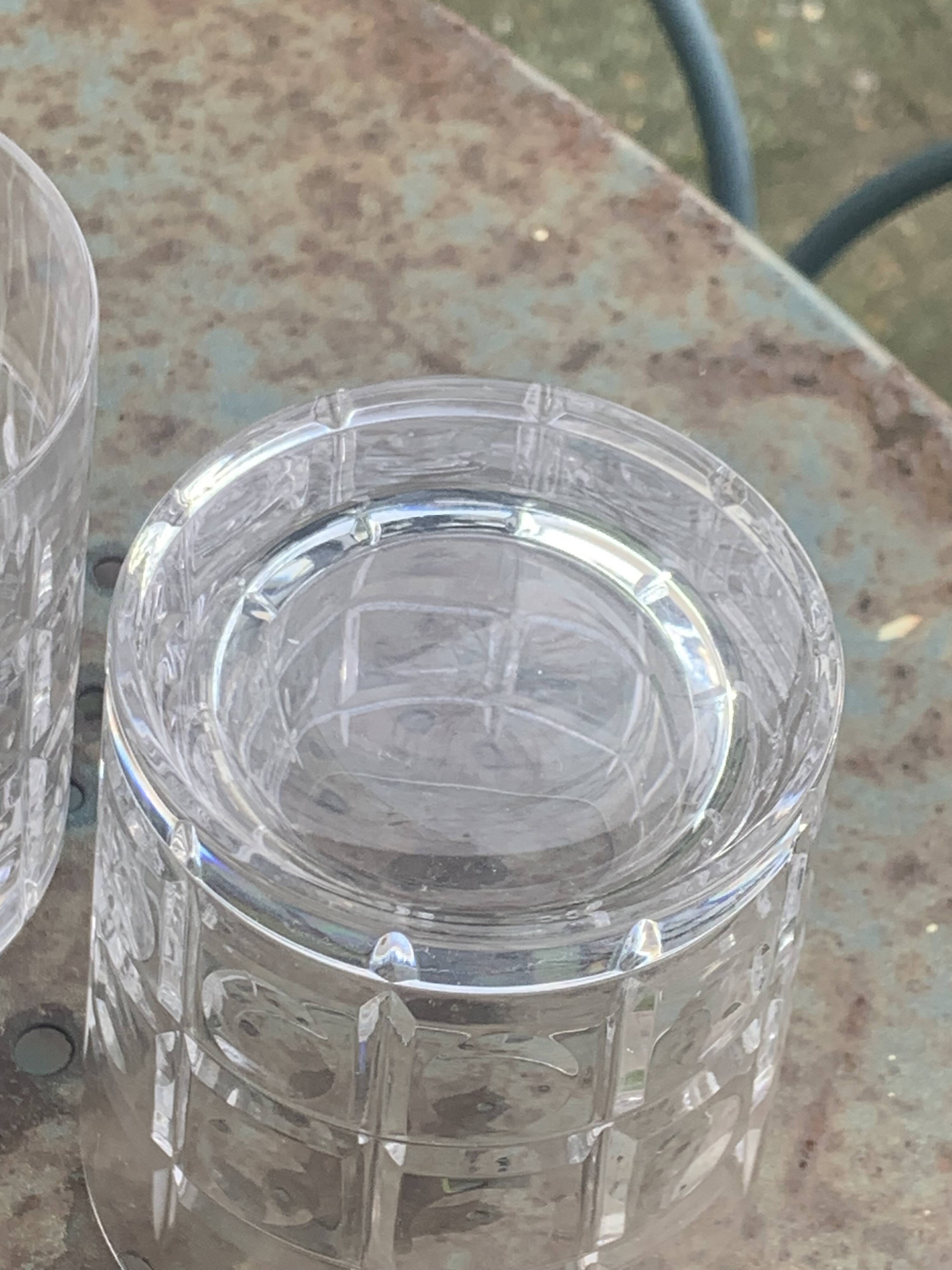 5 whisky glasses, Cristal Bayel stamps, transparent crystal with patterns