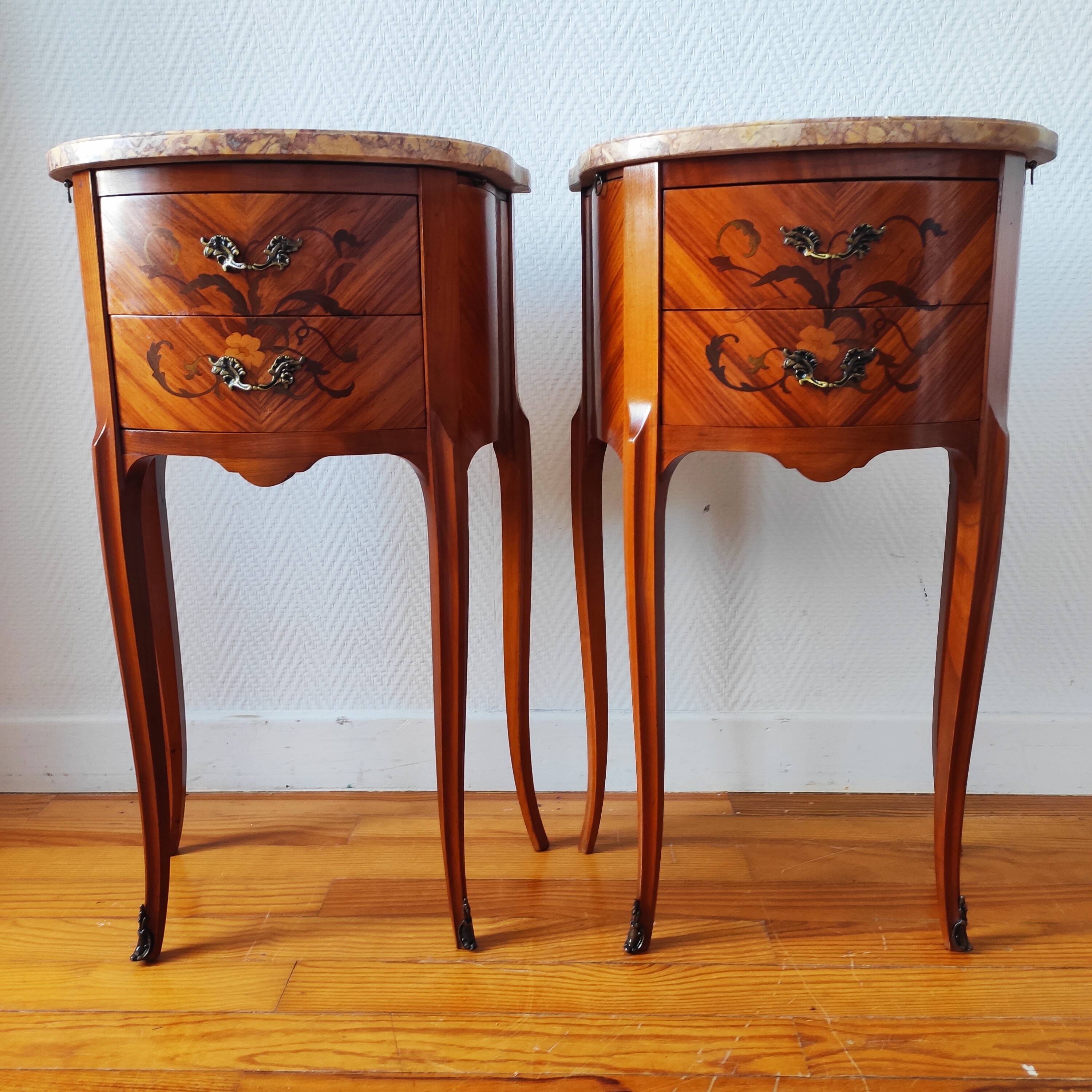 Pair of Louis XV style bedside tables with marquetry and marble.