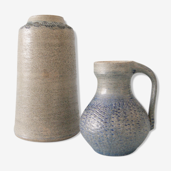 Vase set gray blue with incised decor, handle vase, studio ceramics