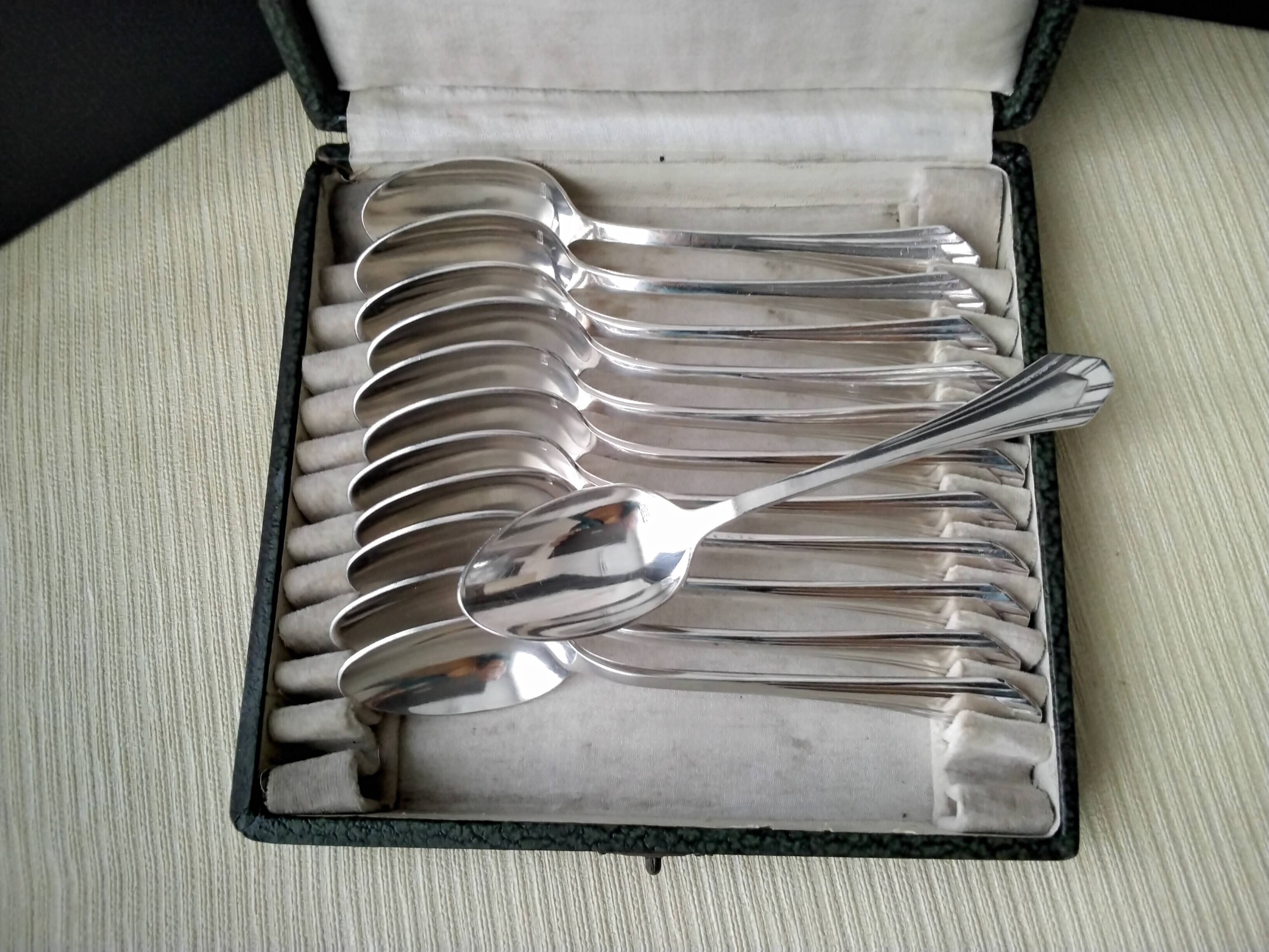 Set of 12 Art Deco Style Silver Metal Coffee Spoons