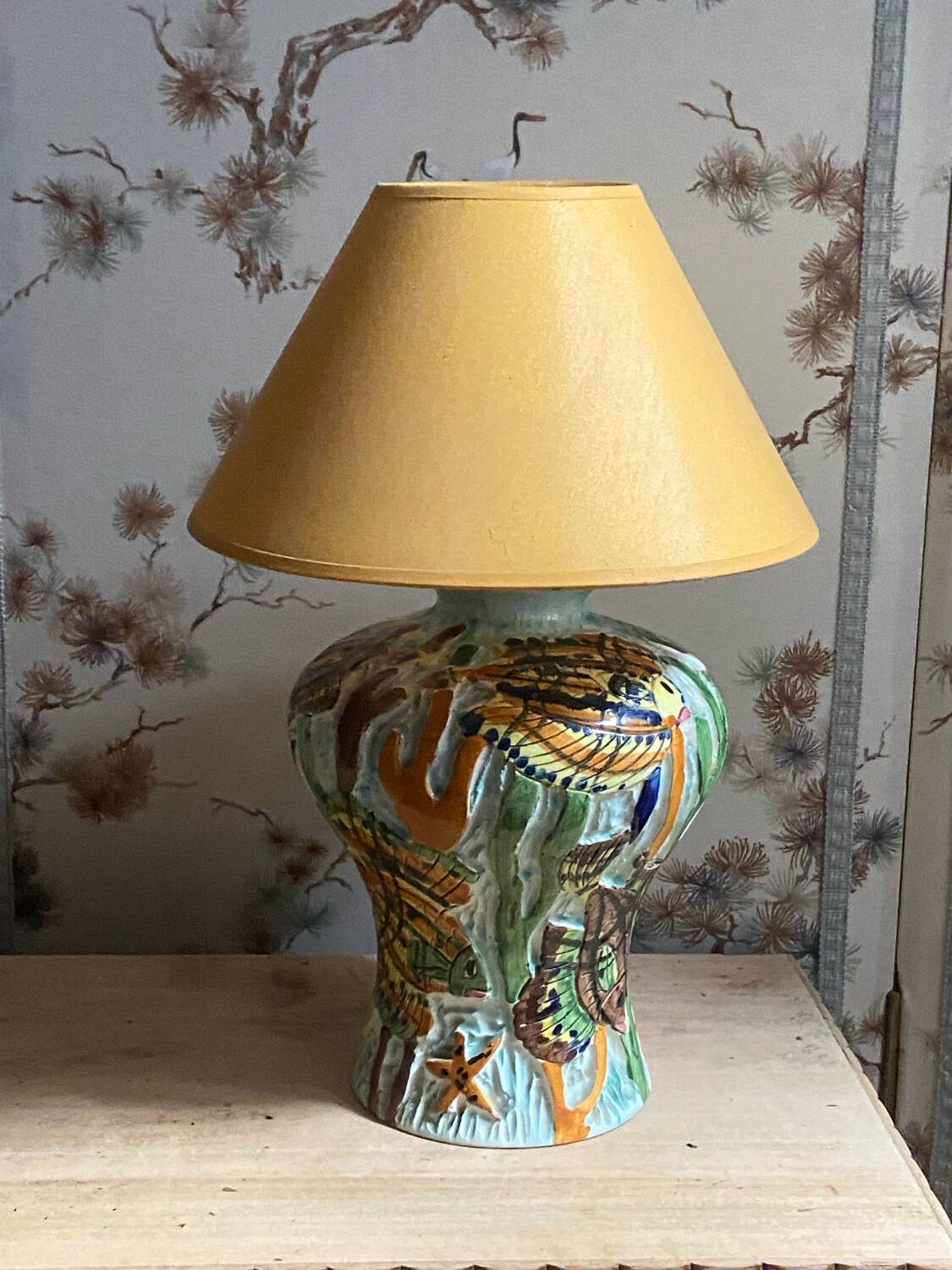 Ceramic lamp signed Claude Pruffert – Vallauris, marine decor in relief