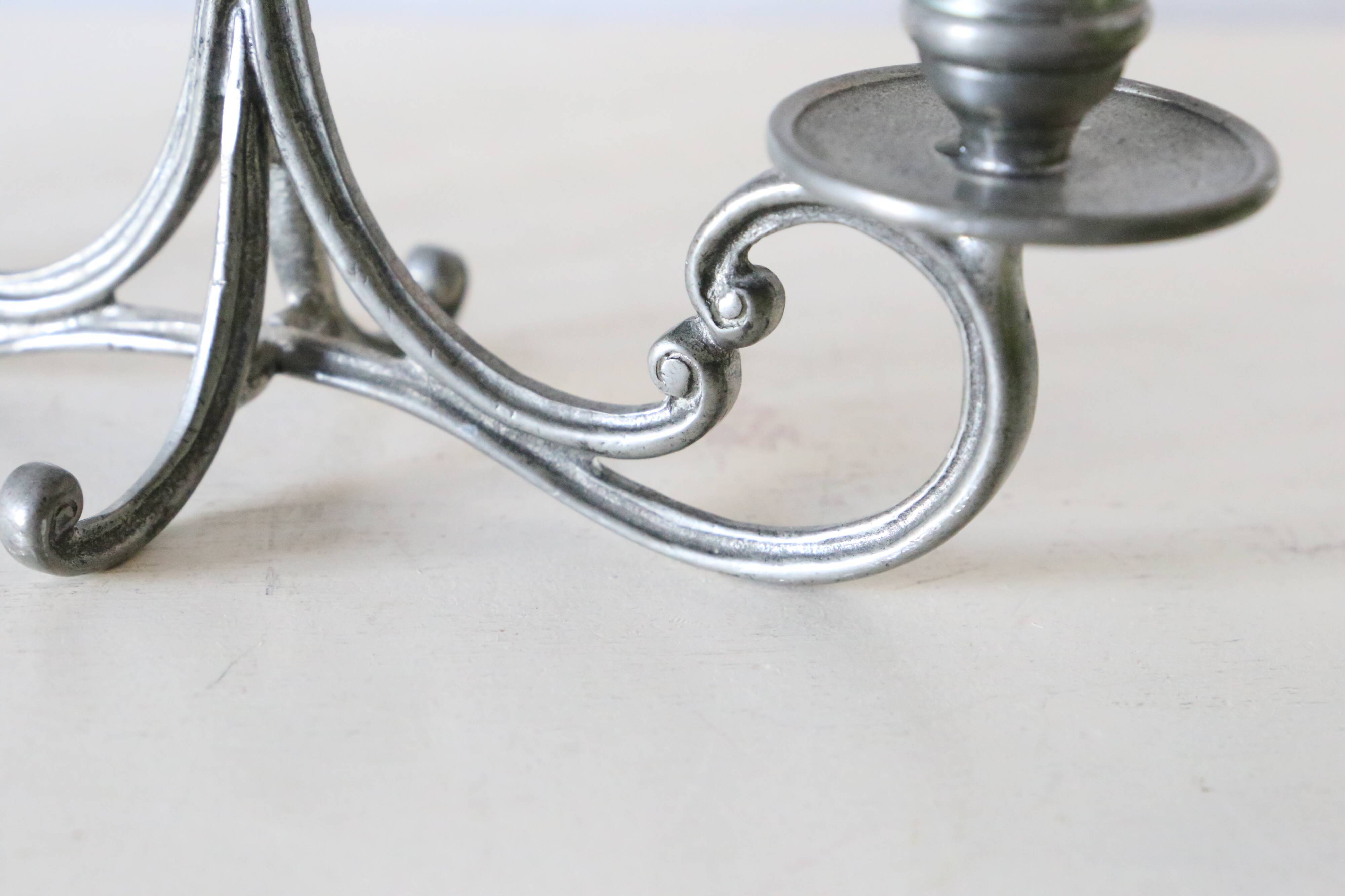 Duo of tin candlesticks, 3 lights, Gothic motifs, vintage