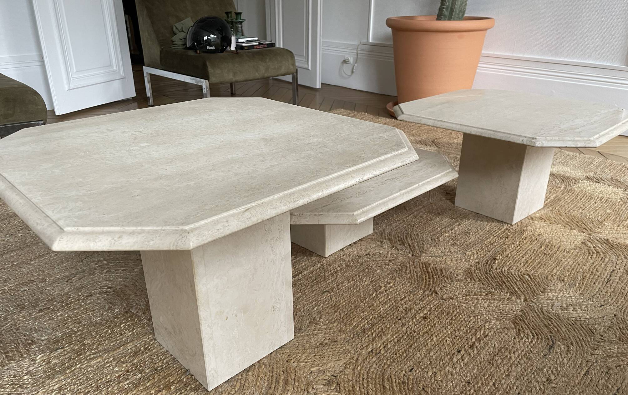 Set of three travertine coffee tables from the 70s