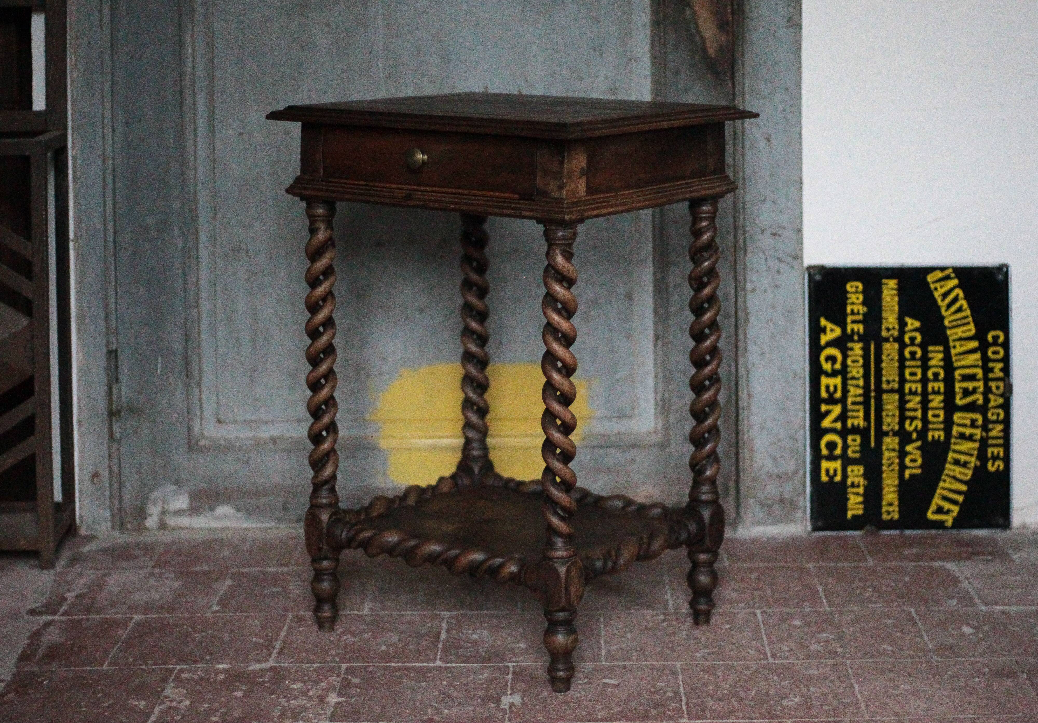 Antique turned wood bedside table with drawer, side table, nightstand