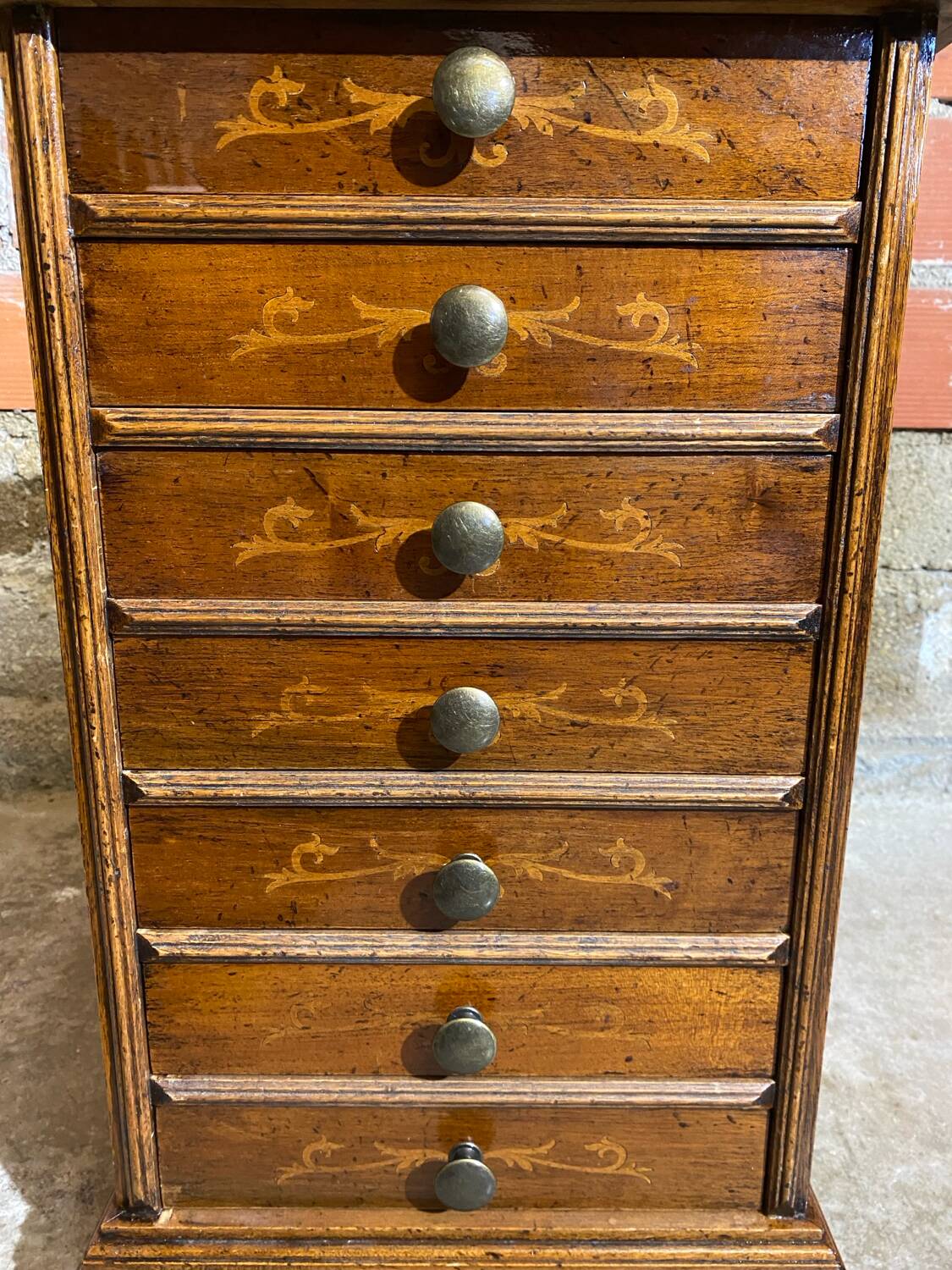 Semainier Ancien Meuble Bois 7 Tiroirs Marqueterie Poignées Métal Vint