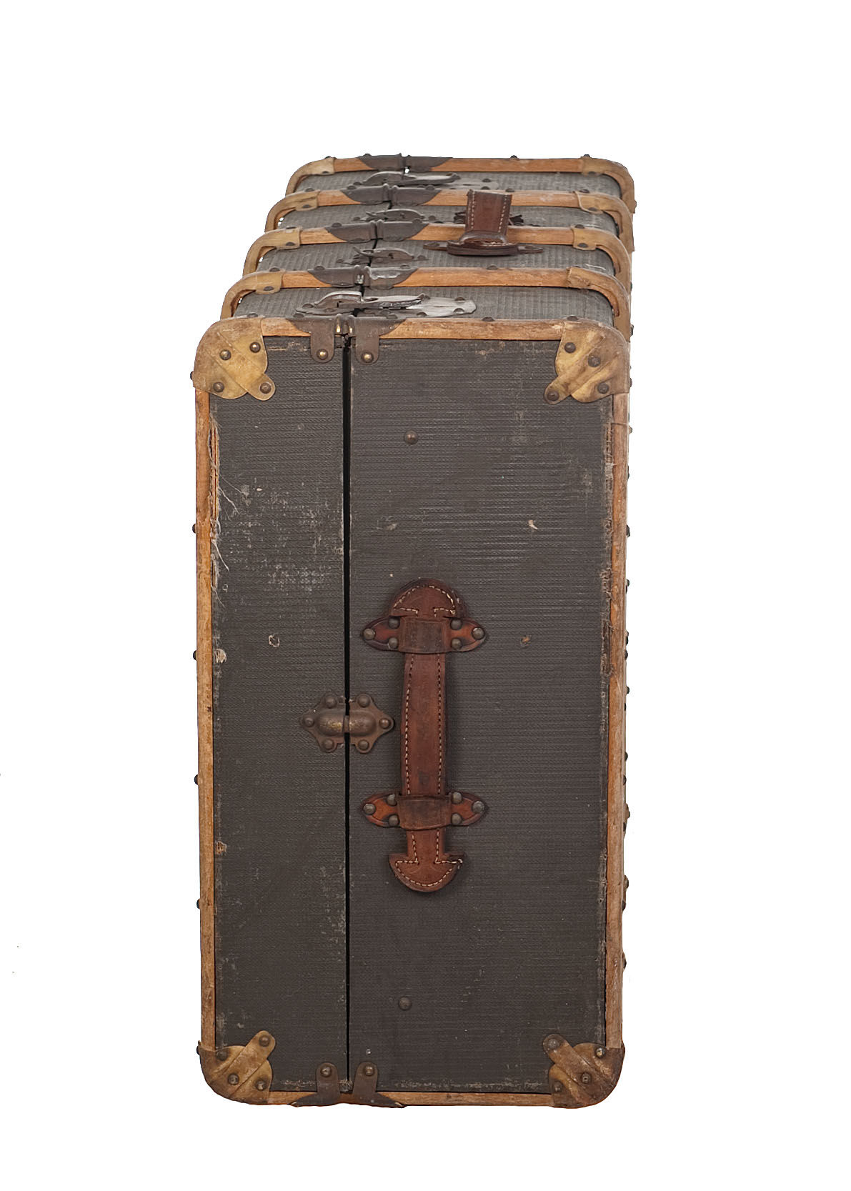 Trunk with wood, brass lock, khaki green coated canvas, circa 1930