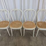 Set of 4 Vintage Thonet Style Dining Chairs: White Wood & Cane Seat