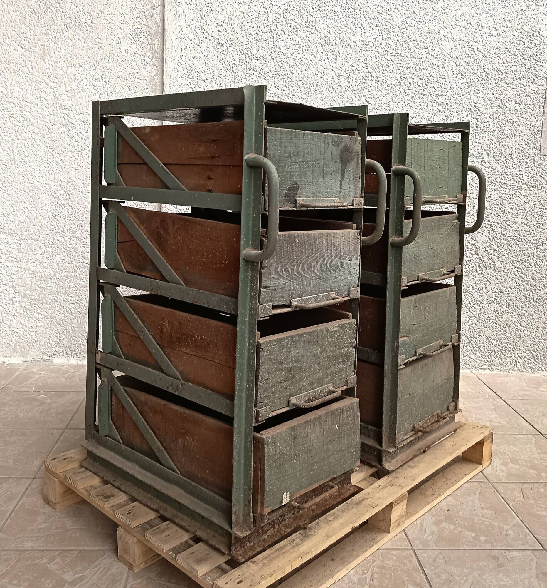 Pair of vintage industrial metal and wood lockers