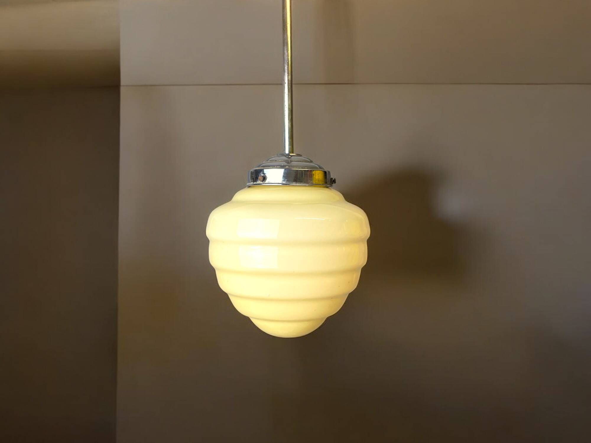 Art Deco cream opaline beehive glass hanging lamp