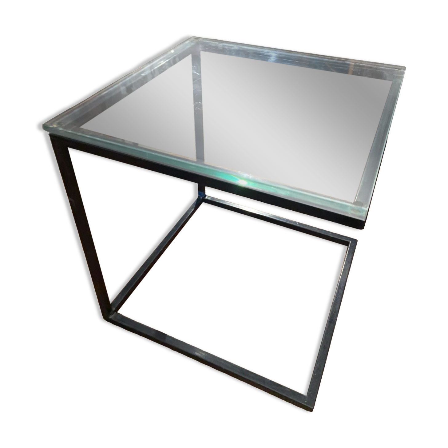 Coffee table end of sofa harness design 1970 metal and glass marked pierre chevalier