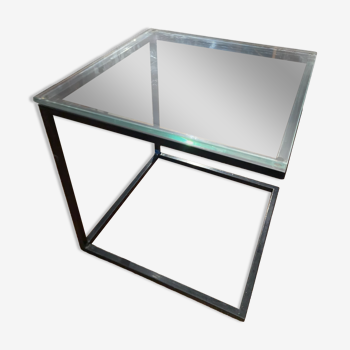 Table basse bout de canapé sellette design 1970 métal et verre marquée pierre chevalier