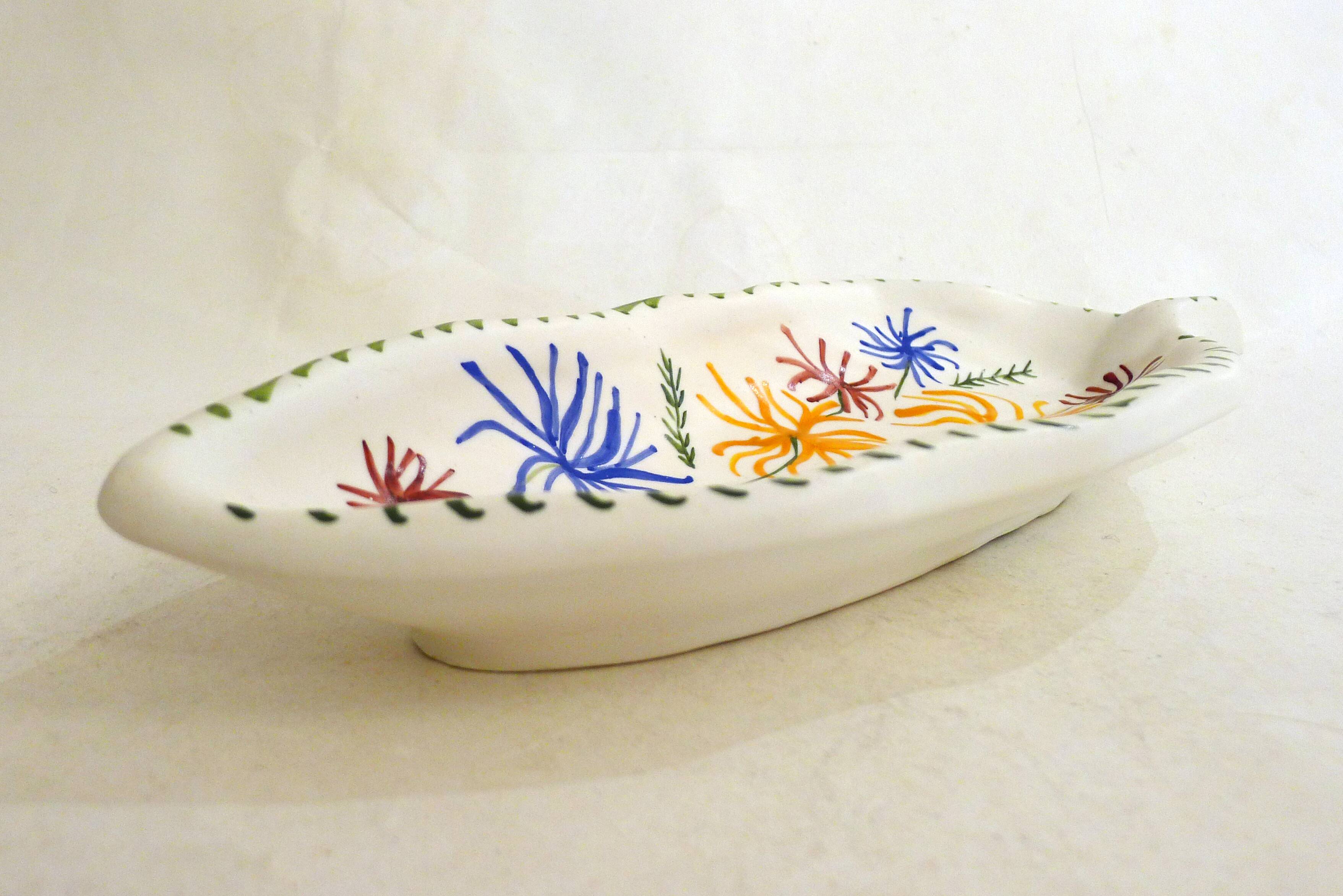 Coupelle mid-century Vallauris décor floral coloré