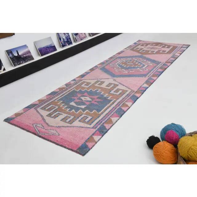 1970s Vintage Turkish Oushak Handmade Wool Cotton Pink Runner Rug 89x299