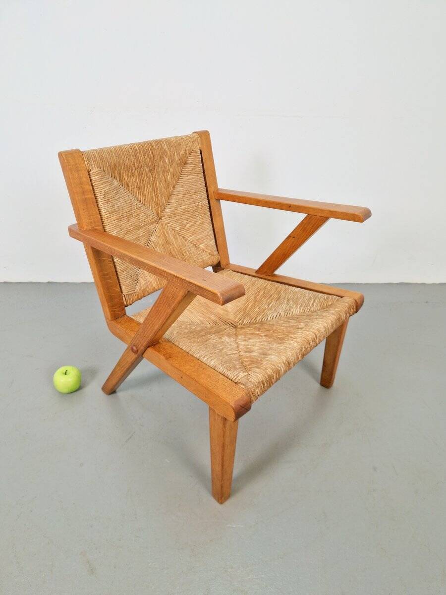 Chaises en bois brutalistes modernistes en paille, années 1940, ensemble de 3