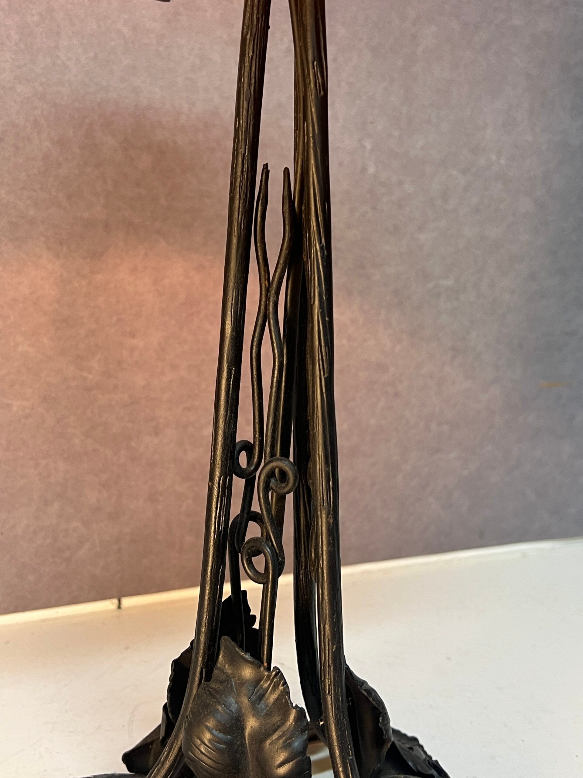 Contemporary mushroom lamp, wrought iron base and orange glass shell with blue hues in the art deco style