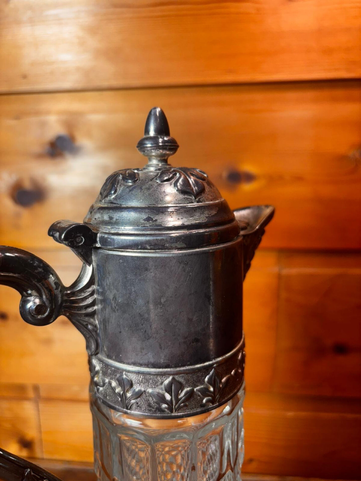 Beautiful moulded glass carafe jug, silver-plated mount, vintage.