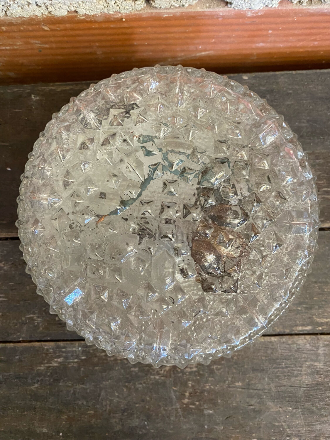 Old Ceiling Light Wall Fixture Moulded Glass + White Metal Support Years