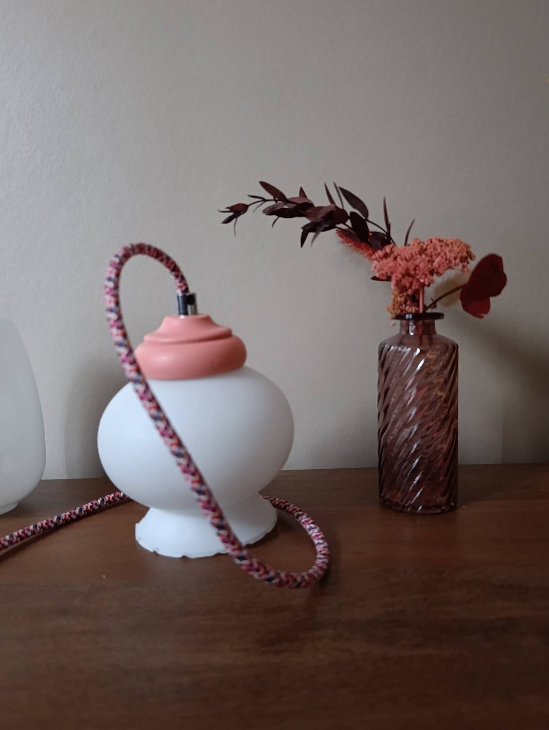 opal white reading lamp, coloured cord, vintage upcycled