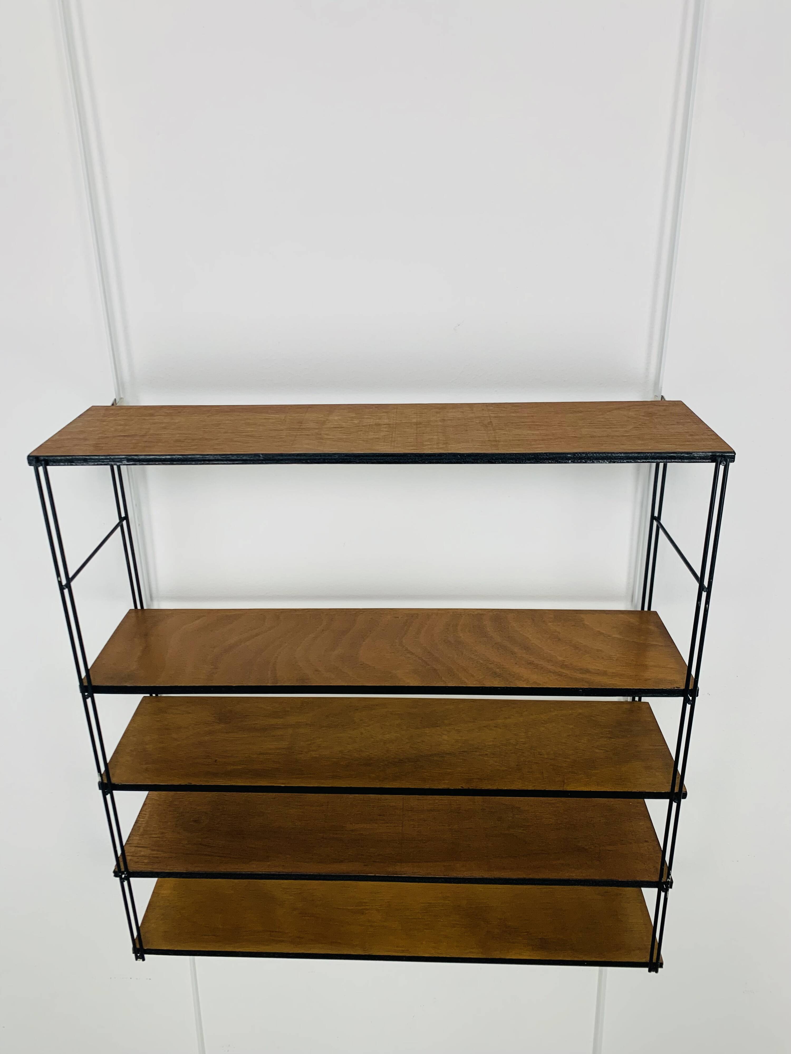 60s wall-mounted string shelf, wood and metal