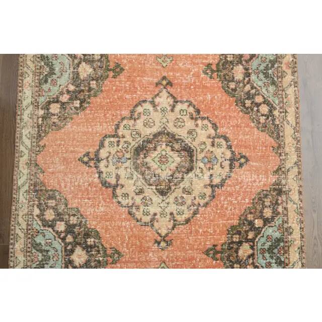 Tapis couloir vintage turc Oushak fait main en laine et coton orange des années 1970 112x402