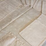 Ancienne nappe lin damassée beige 160 × 180 cm + 12 serviettes