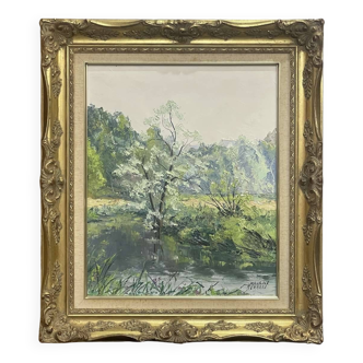 Huile sur toile de Maurice Bernard (1927-2005) Le Saule sur le Leff