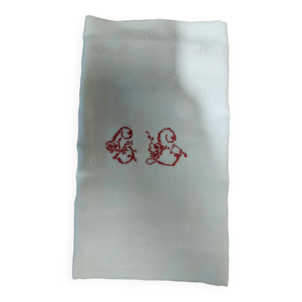 Linge ancien nappe lin damassé monogramme rouge GL 160 X 175 cm