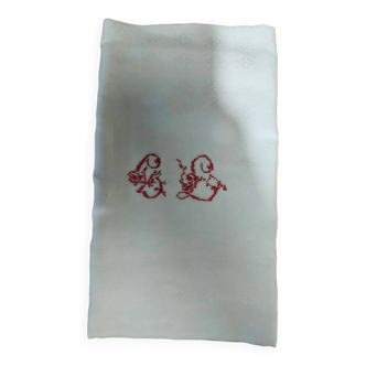 Linge ancien nappe lin damassé monogramme rouge GL 160 X 175 cm