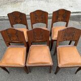 6 Art Deco gondola chairs in solid oak with brown leatherette, 1930s.