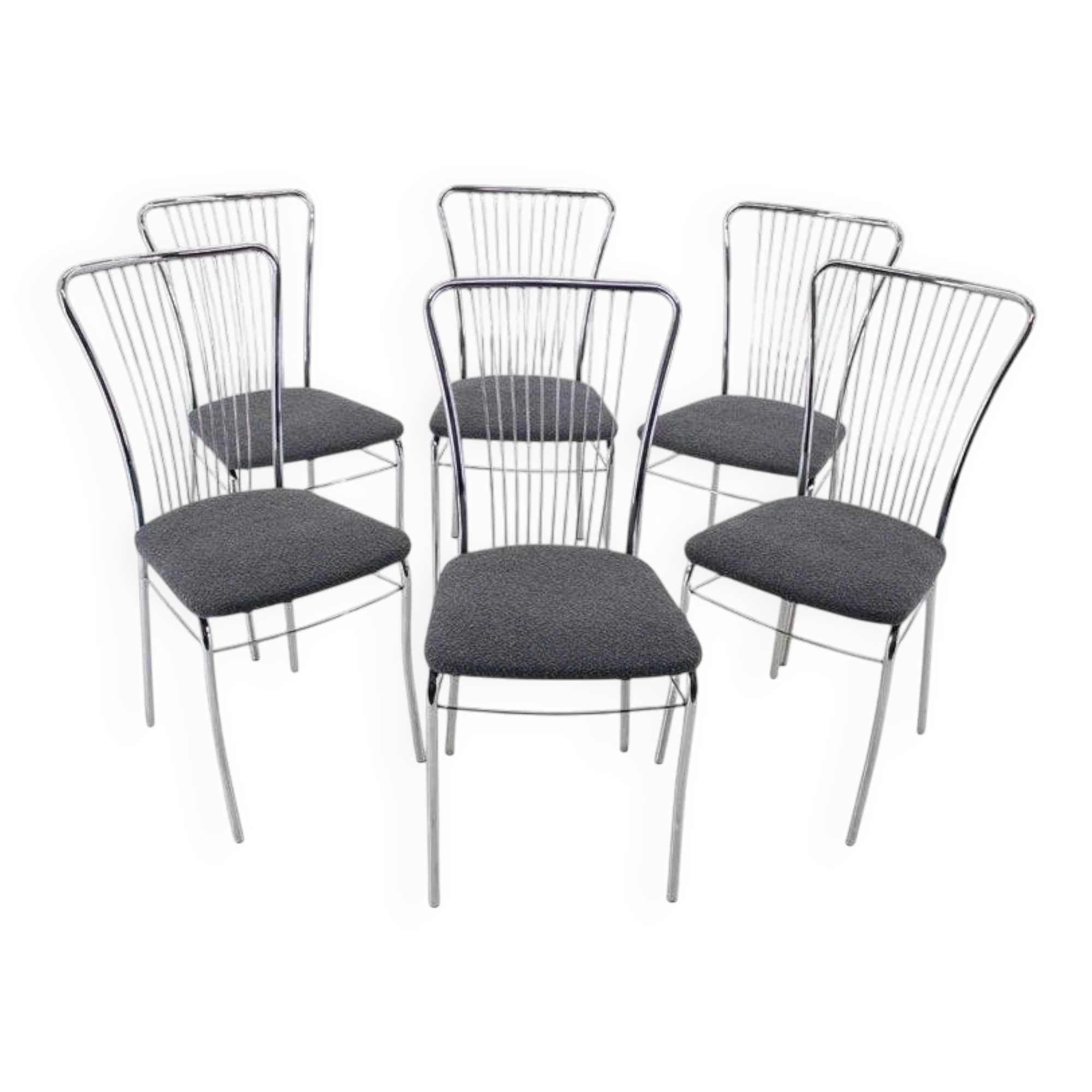 Set of Six Italian Chrome and Bouclé Dining Chairs, 1970s