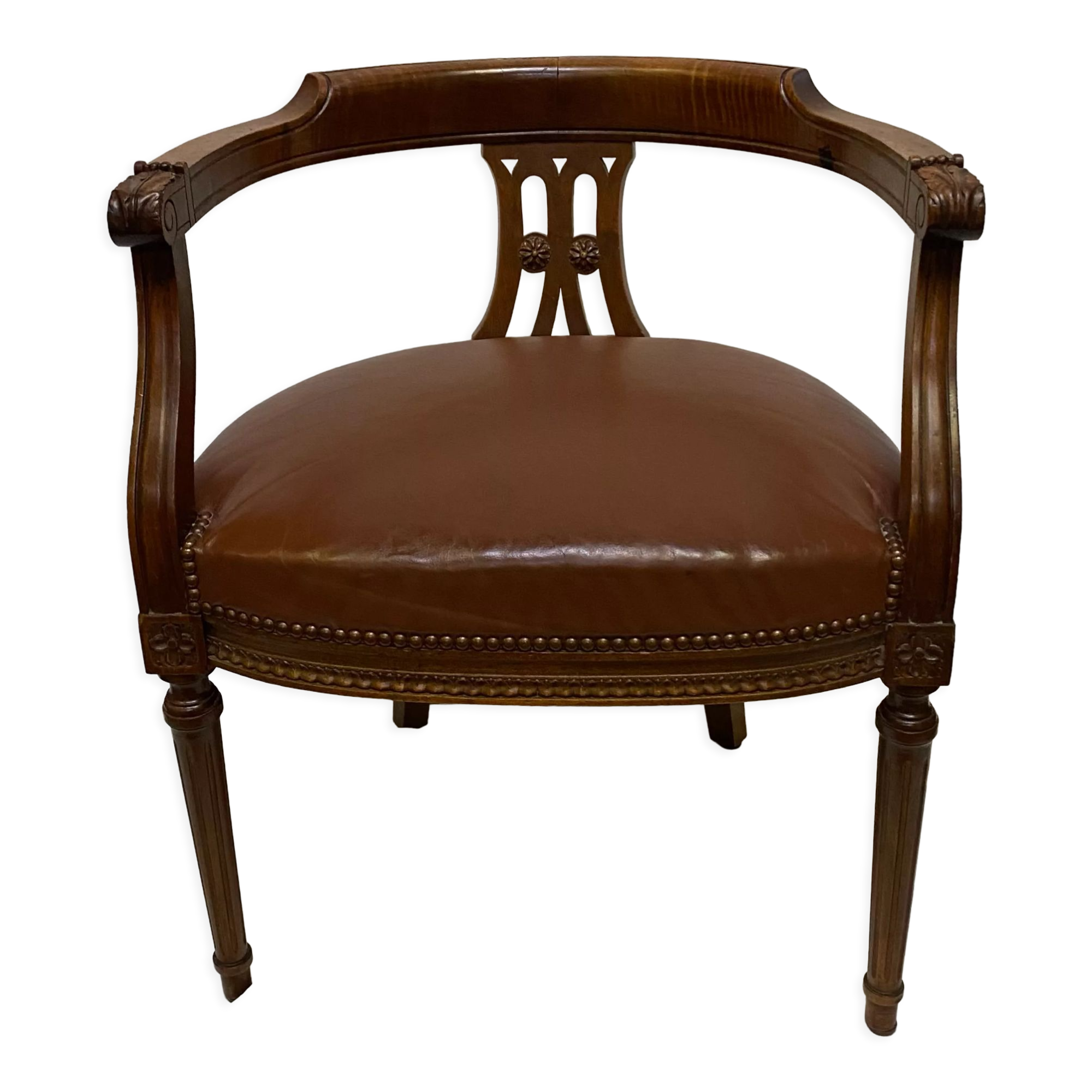 Fauteuil de bureau vintage en bois et cuir marron clouté