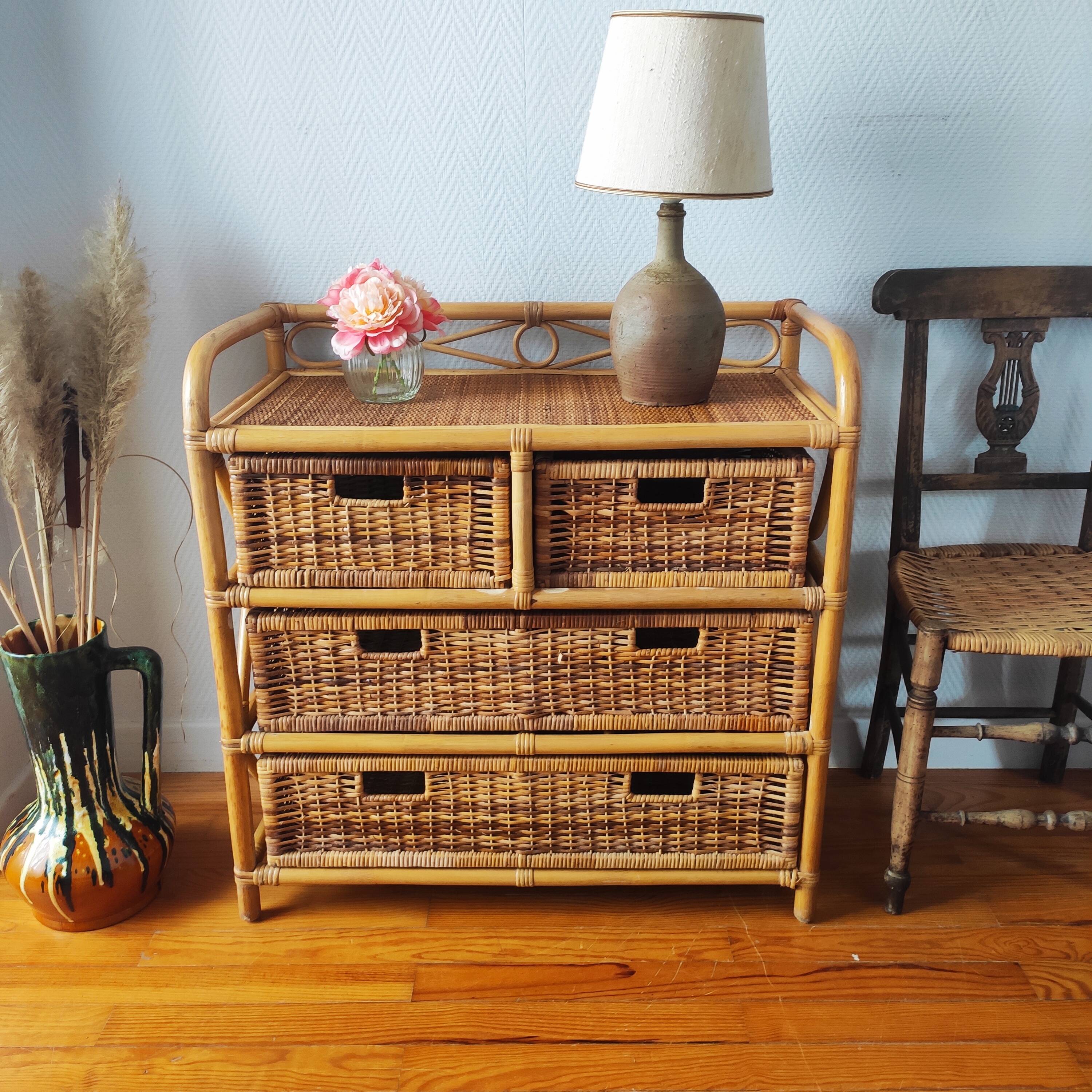 Commode vintage en rotin clair