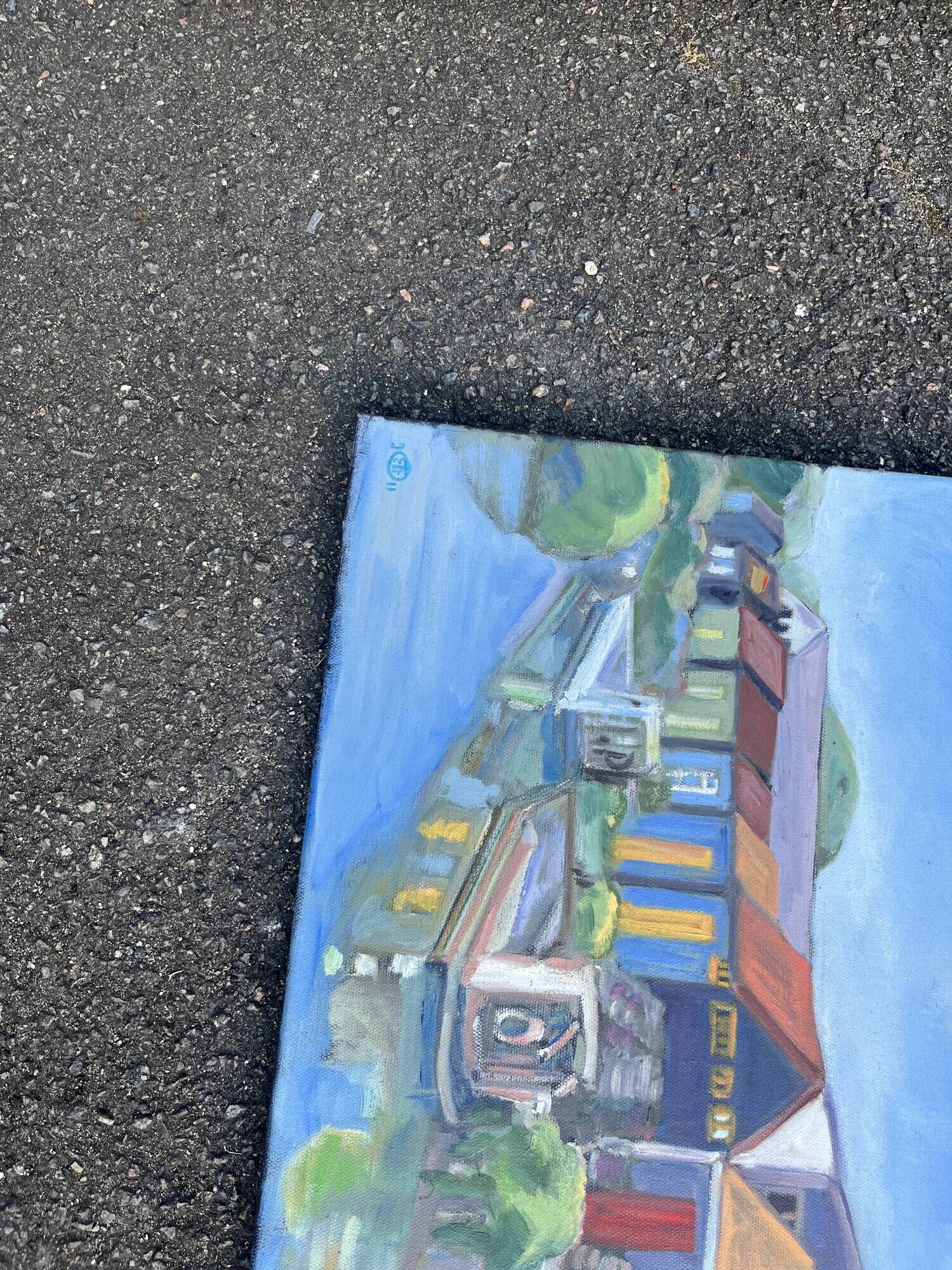 Painting signed by Esther Durand – Colourful huts by the water – Oil on