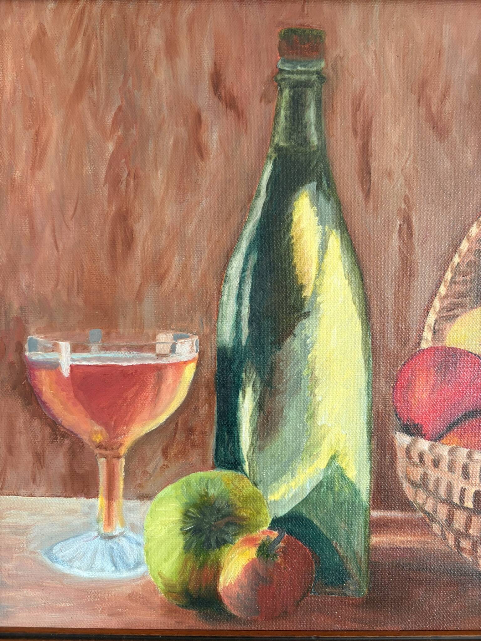 oil painting canvas still life fruit cider Normandy Calvados signed