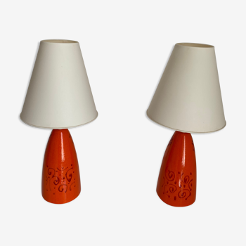 Paire lampes vintage 1970 chevet céramique orange