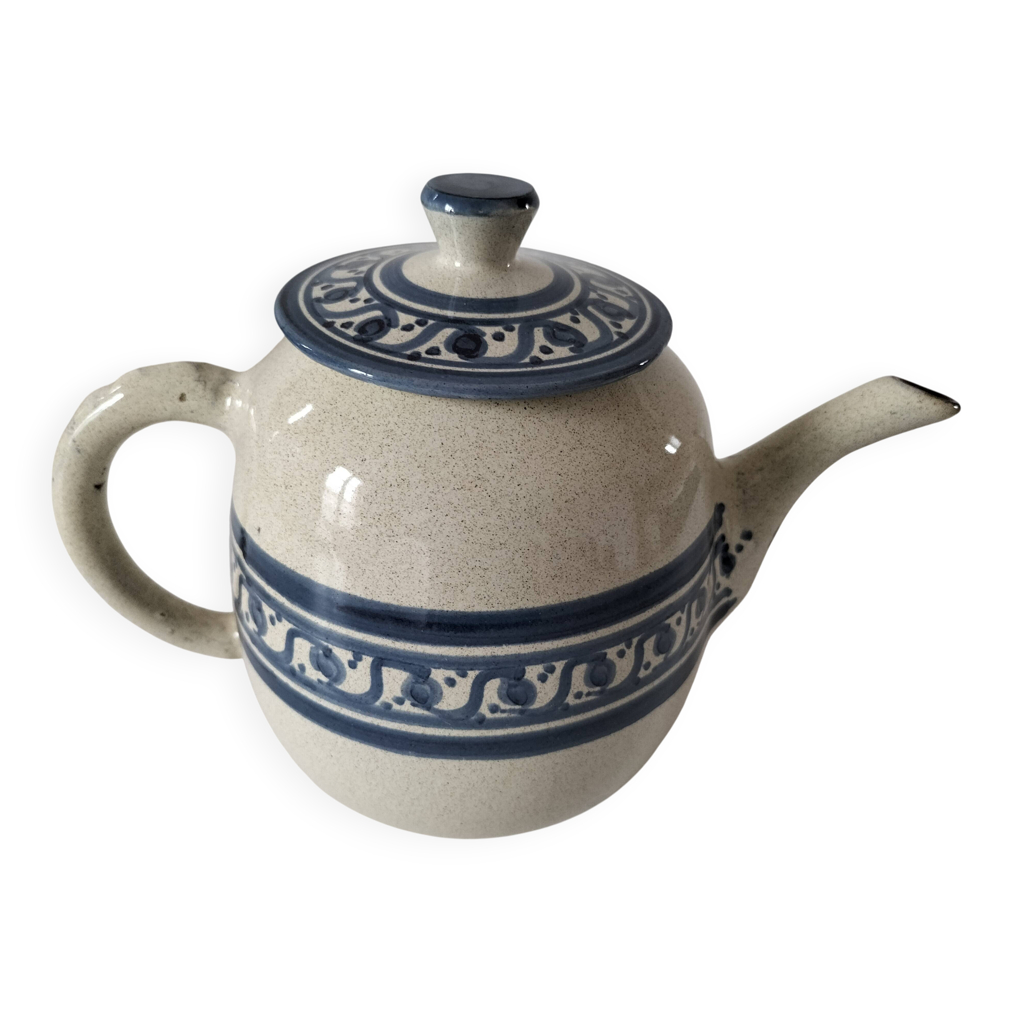 Théière artisanale grès beige moucheté et décor bleu