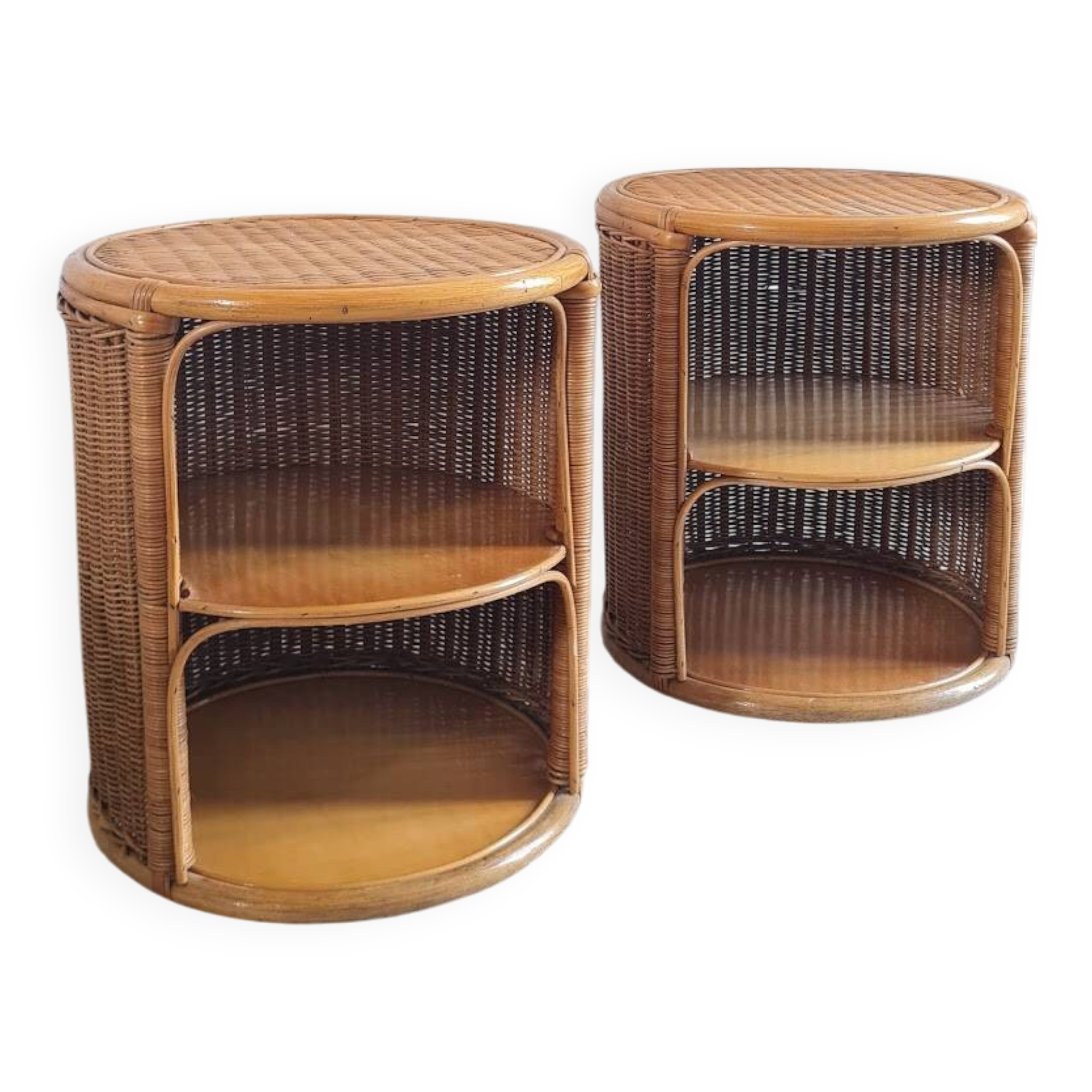 Pair of wicker bedside tables circa the 1970s.